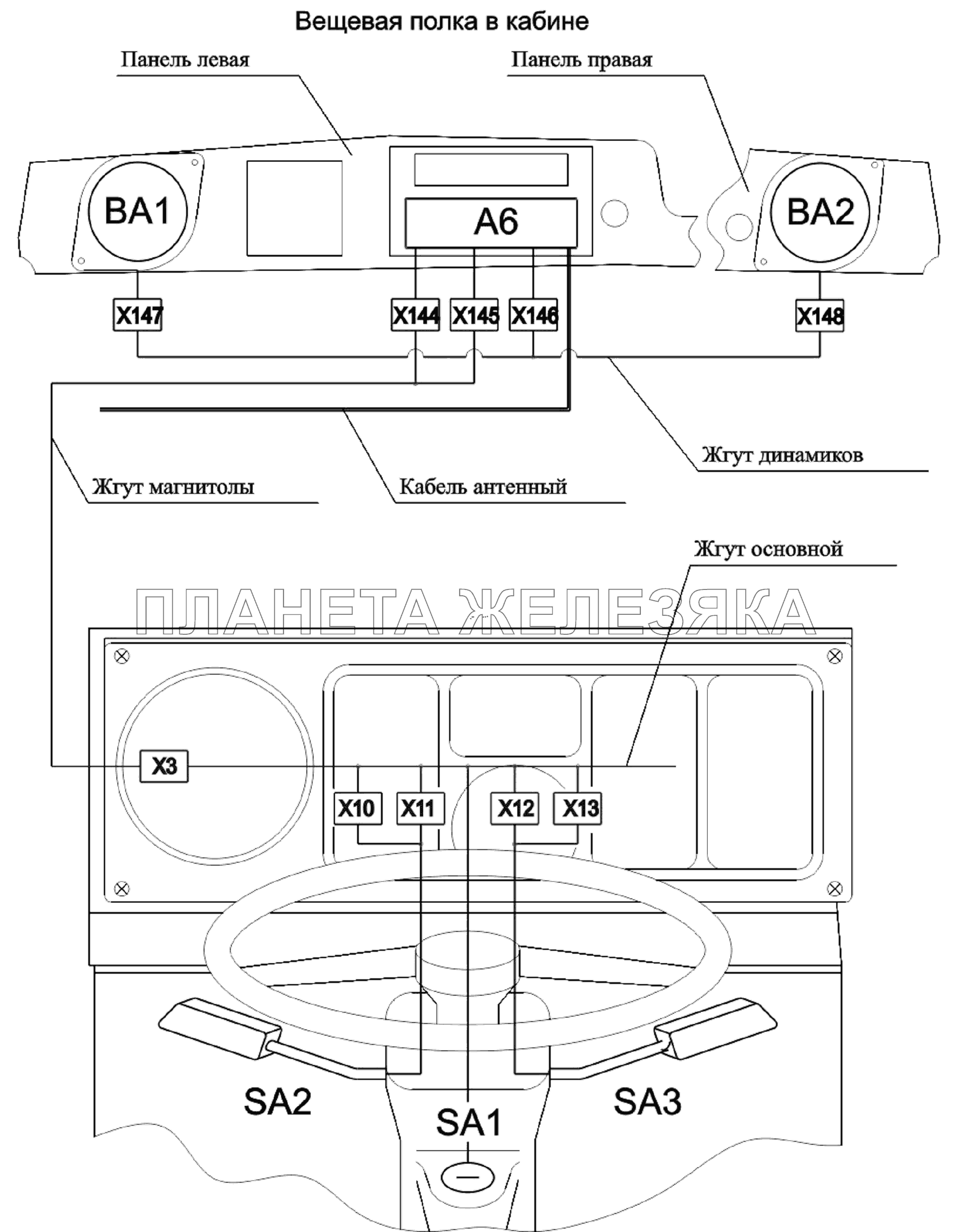 Расположение разъемов и элементов электрооборудования на рулевой колонке и вещевой полке МАЗ-6303A3, 6303A5